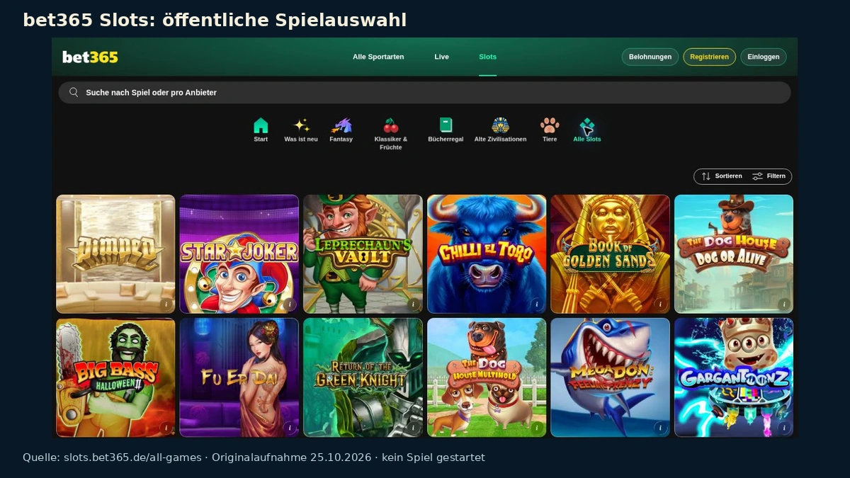 Spielauswahl bei bet365 Slots