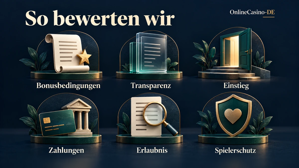 Kriterien unserer Bewertung: Bonusbedingungen, Transparenz, Einstieg, Zahlungen, Erlaubnis und Spielerschutz