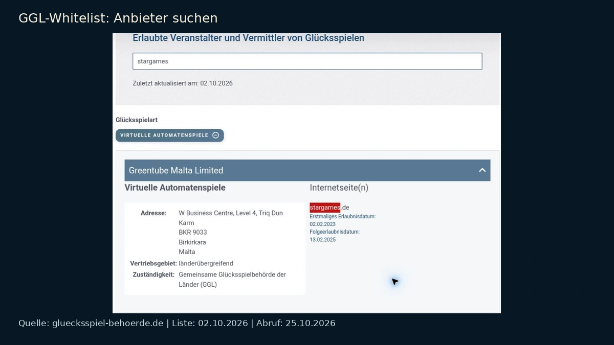 Suche nach einem Anbieter in der GGL-Whitelist, Stand Oktober 2026