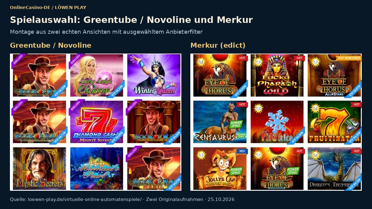 Spielauswahl bei Löwen Play mit Slots von Novoline und Merkur