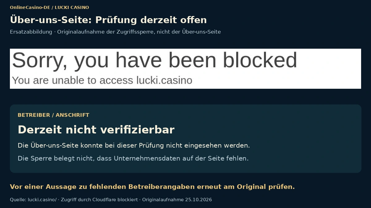 Seite Über uns von Lucki Casino ohne Angaben zu Betreiber und Adresse