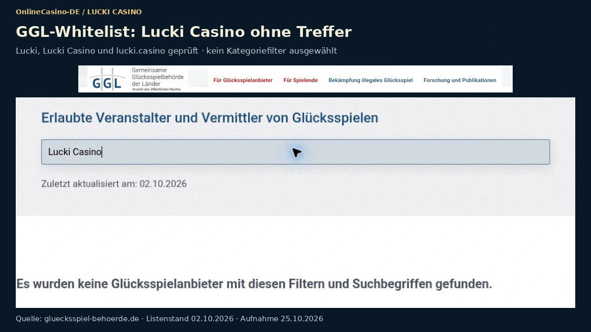 Suche nach Lucki Casino in der GGL-Whitelist ohne Treffer, Stand Oktober 2026