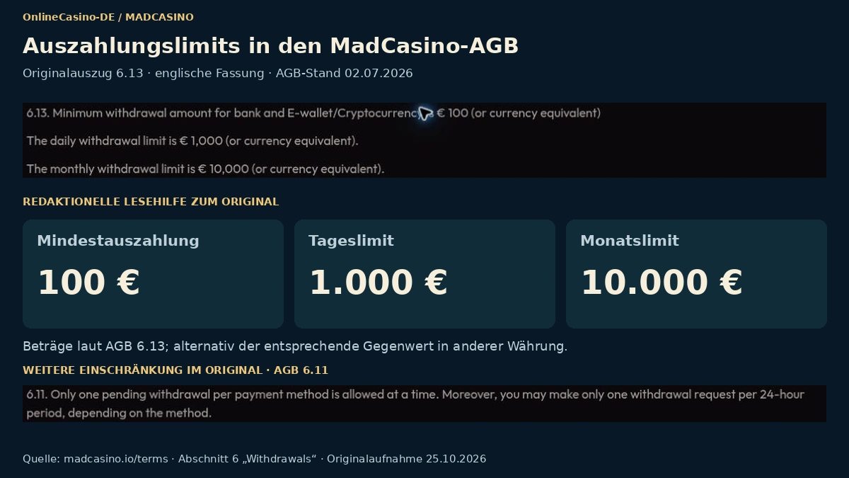 Auszahlungslimits in den AGB von MadCasino