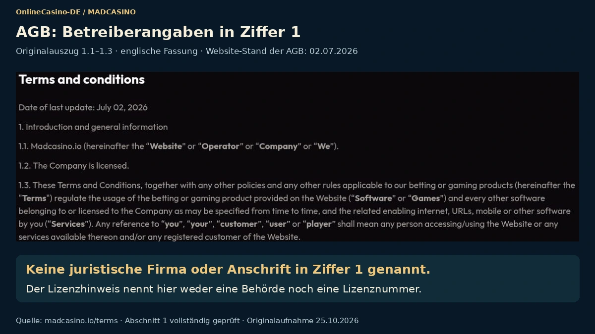 Ziffer 1 der AGB von MadCasino ohne Angabe von Firma und Adresse
