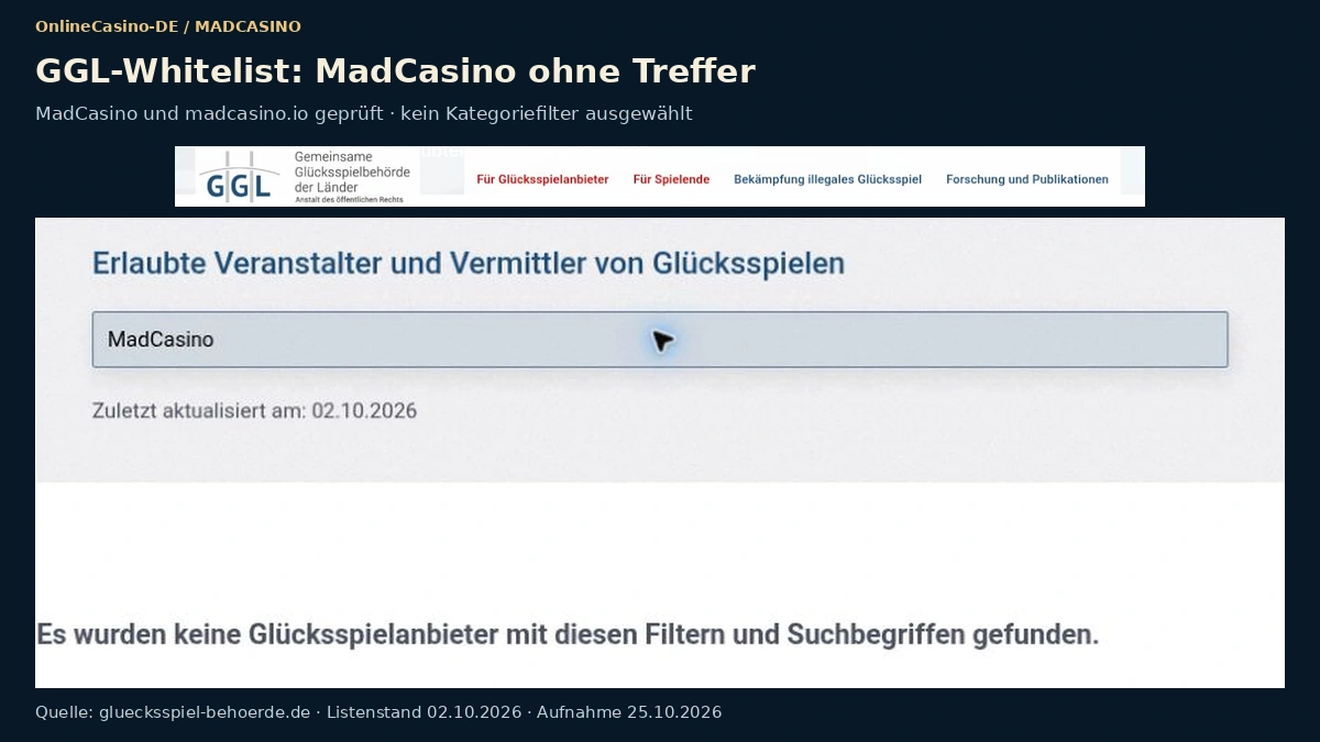 Suche nach MadCasino in der GGL-Whitelist ohne Treffer, Stand Oktober 2026