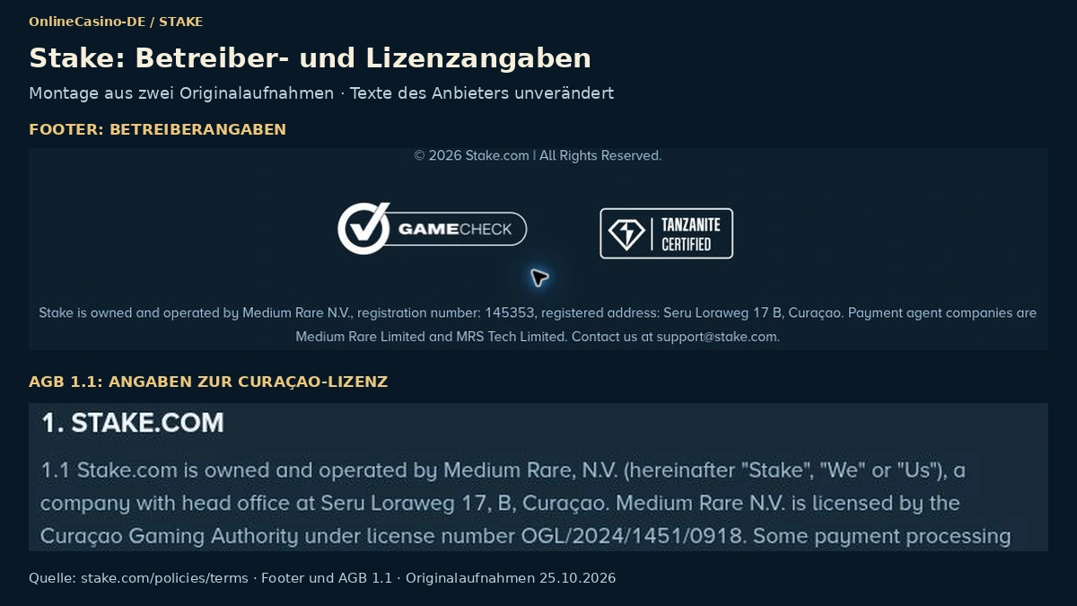 Angaben zu Betreiber und Lizenz im Footer der Website von Stake