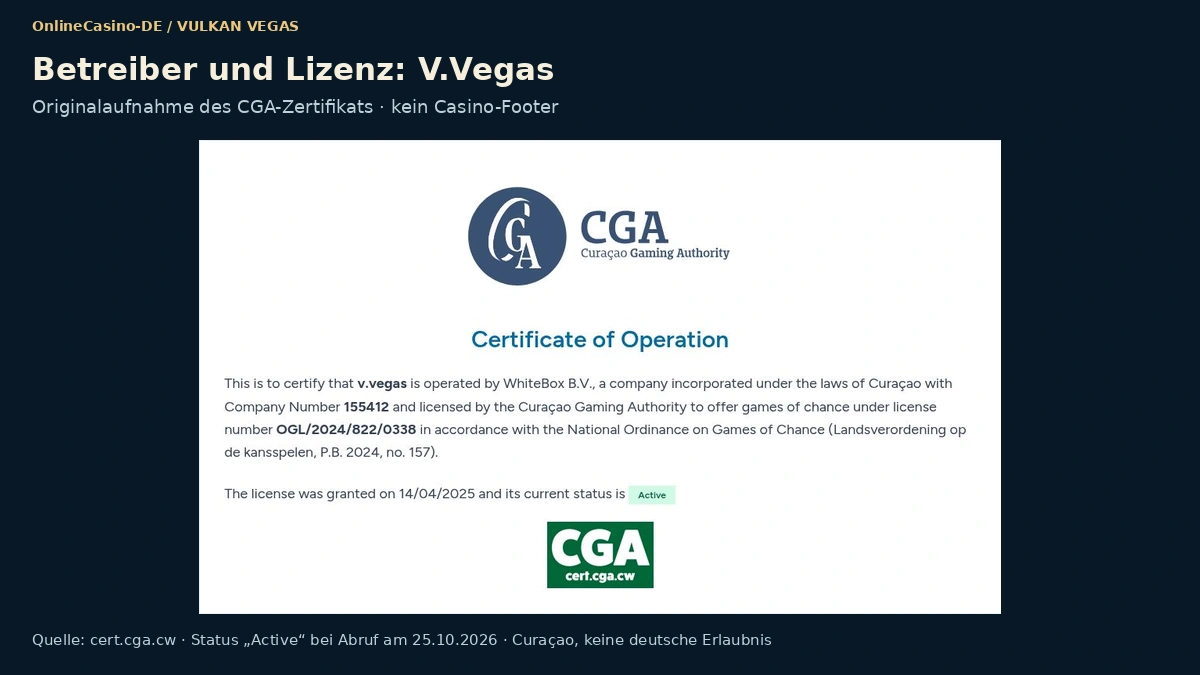 Lizenzangaben im Footer der Website von Vulkan Vegas