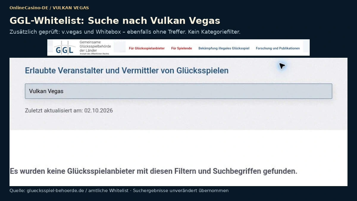 Suche nach Vulkan Vegas in der GGL-Whitelist ohne Treffer, Stand Oktober 2026