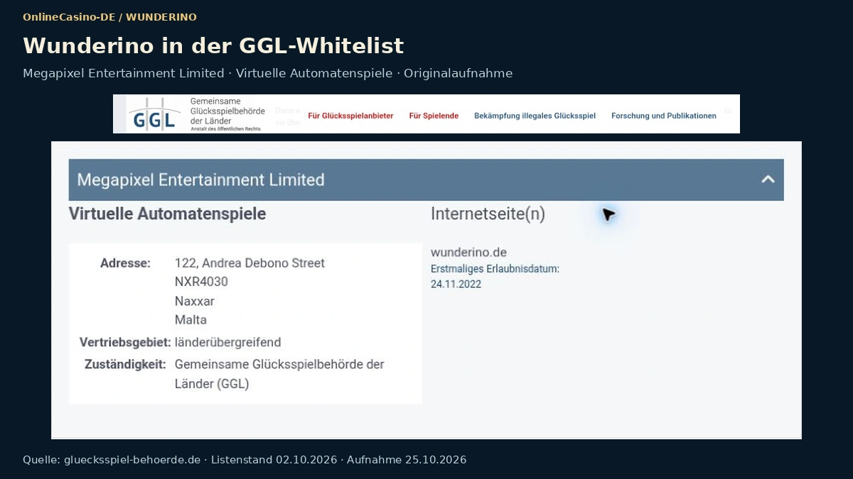 Eintrag von Wunderino in der GGL-Whitelist